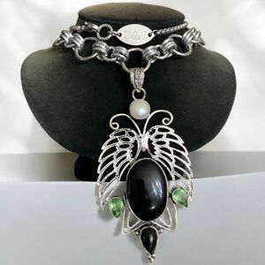 925 sterling silver overlay butterfly black onyx peridot stones maille necklace
